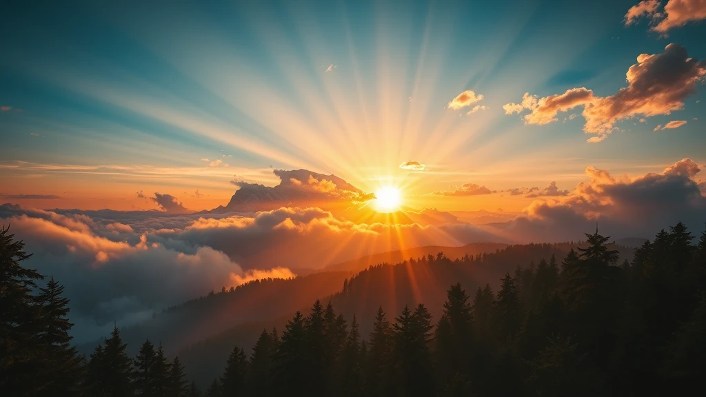 Spectacular mountain sunrise, golden sunlight breaking through clouds, foreground with misty pine forest, distant snow-capped peaks, hyperrealistic style, 8K ultra HD
