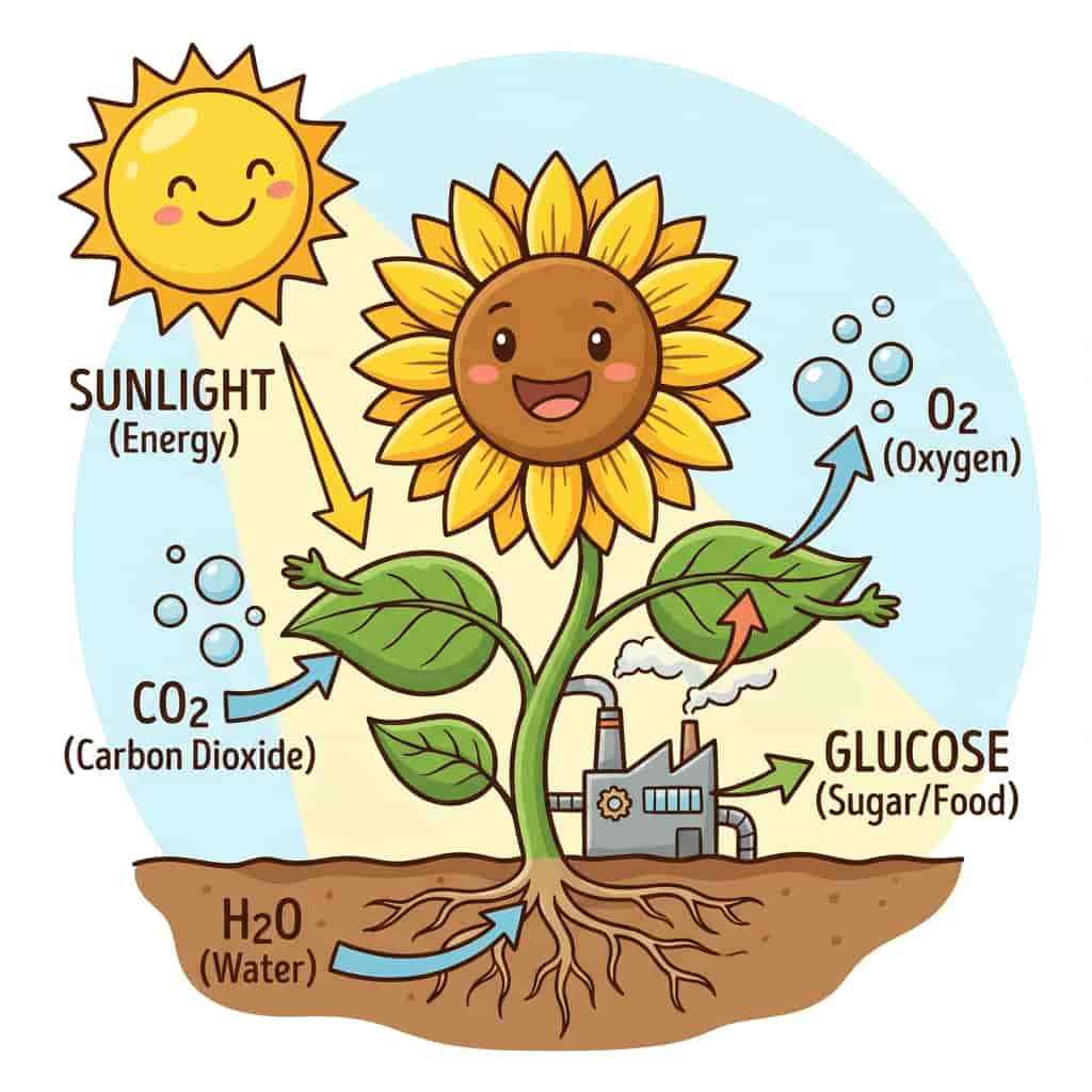 Plant photosynthesis principle cartoon generated with Ketchup AI AI text to image