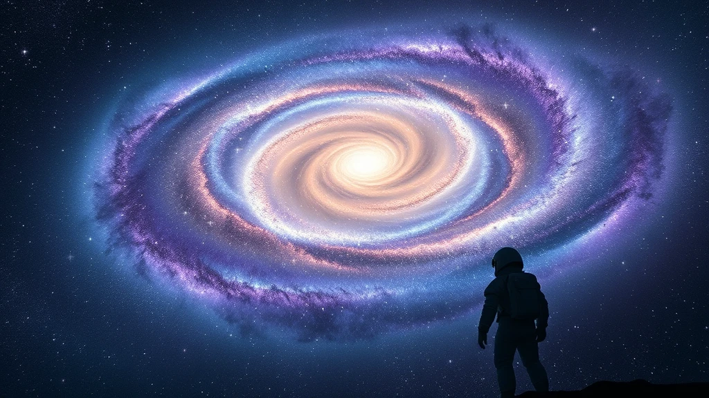 Magnificent spiral galaxy, millions of twinkling stars, purple and blue nebula, astronaut in foreground, NASA-style space photography