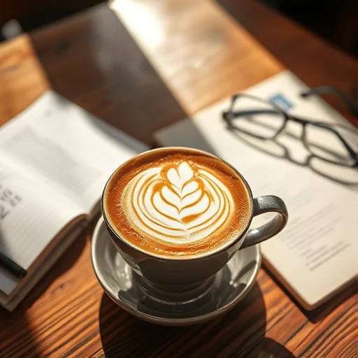 Steaming hot latte with beautiful latte art, wooden table, open notebook and glasses beside, warm morning light