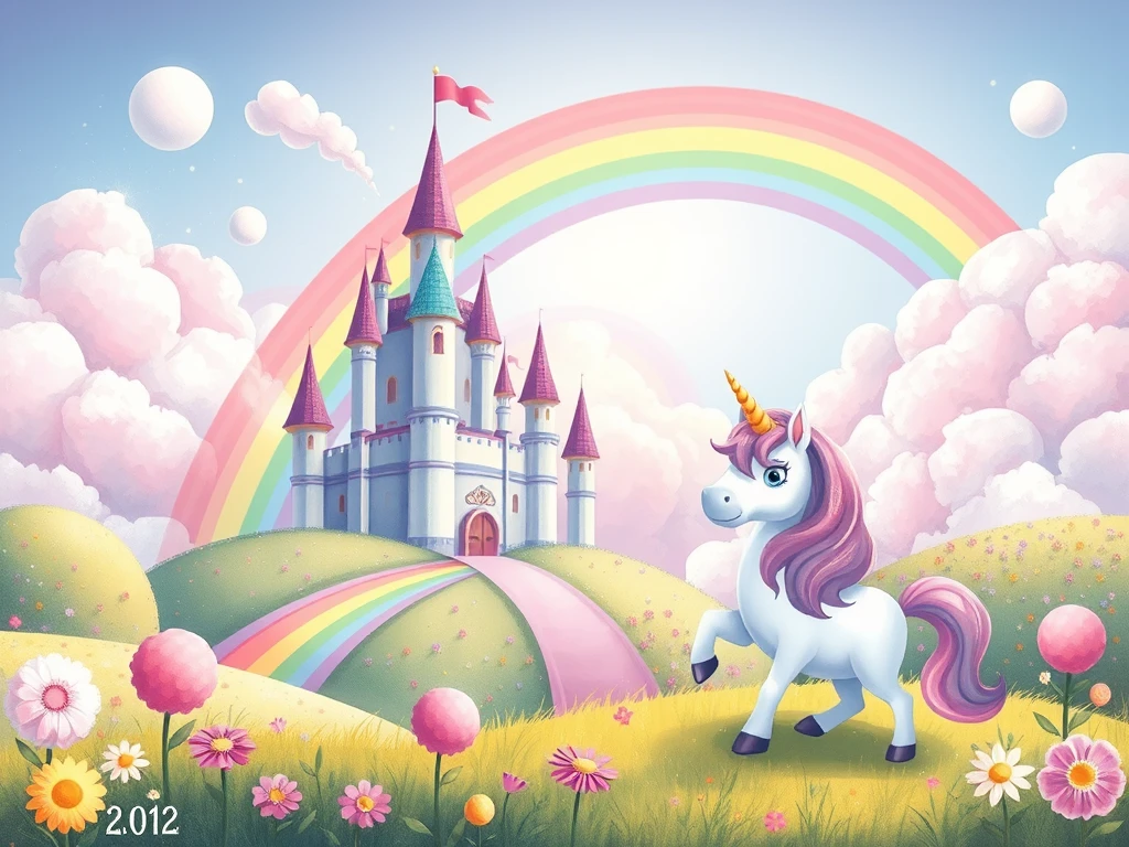 Cute fairy tale world scene, rainbow-colored castle, cotton candy clouds, friendly unicorn, bright soft colors, children's picture book illustration style