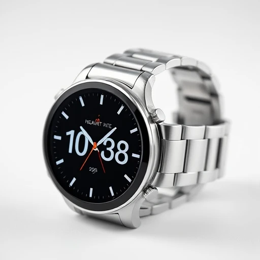 Premium smartwatch product photo, black dial showing time and heart rate, silver metal strap, pure white background, perfect lighting, commercial photography
