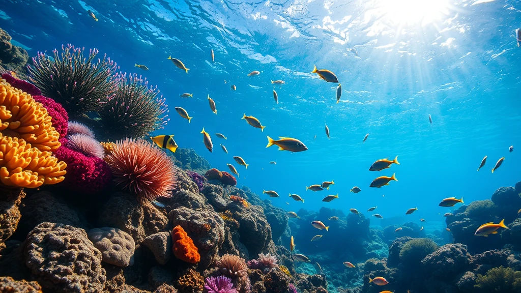 Colorful coral reef, tropical fish swimming, crystal clear water, sunlight penetrating from surface, underwater photography, vivid and realistic