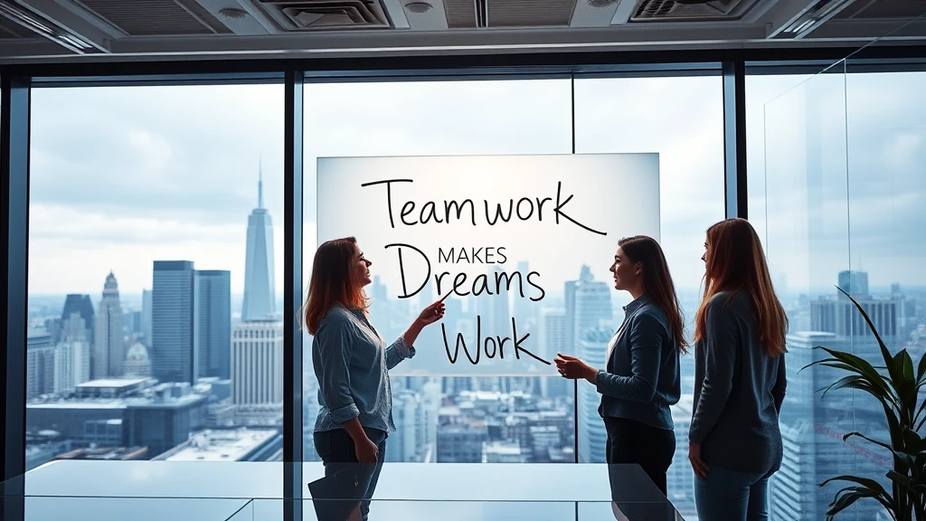 Modern office, young professional team discussing around glass whiteboard, city skyline background, text "Teamwork Makes Dreams Work", business atmosphere