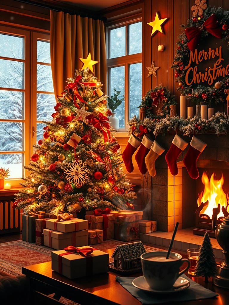 Dreamy Christmas scene, cozy living room with beautifully decorated Christmas tree covered in colorful lights, golden star ornaments and red bows, pile of exquisitely wrapped gift boxes under the tree, warm fire dancing in fireplace, red and white Christmas stockings hanging on mantel, heavy snow falling outside window, windowsill decorated with candles and pine branches, room bathed in warm golden lighting, hot cocoa and gingerbread house on table, "Merry Christmas" wreath lettering on wall, overall atmosphere warm and romantic, cinematic lighting, depth of field effect, 8K ultra HD, Disney style