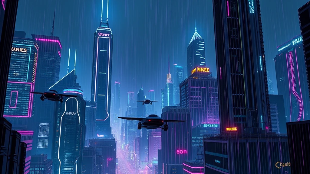 Futuristic cyberpunk city at night, neon-lit skyscrapers, flying cars between buildings, purple rain falling, cinematic lighting