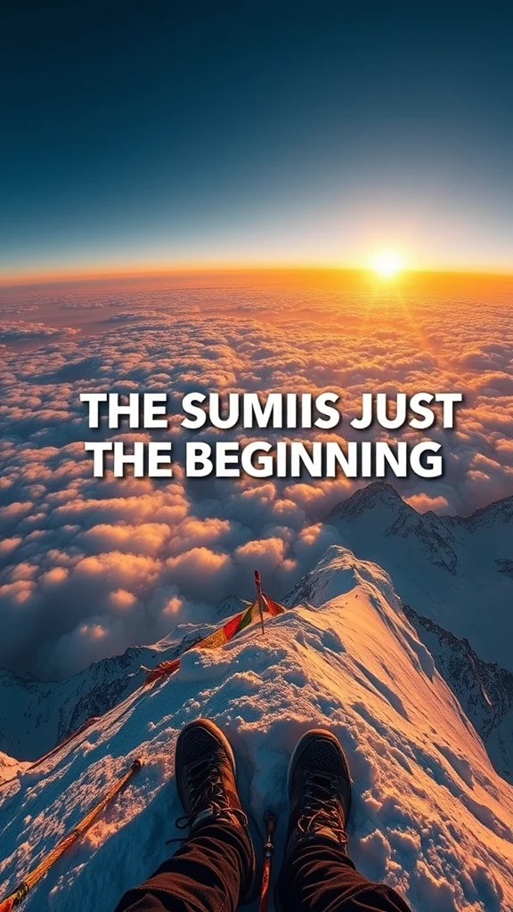 Stunning mountain climbing adventure scene, first-person perspective standing on snowy mountain peak, rolling sea of clouds below, distant snow-capped mountains layering to horizon, sky showing magnificent sunrise gradient from deep blue to orange-red, golden sunlight breaking through clouds creating god rays, explorer's climbing boots and ice axe visible at bottom edge of frame, colorful prayer flags in foreground, extra large white bold text "THE SUMMIT IS JUST THE BEGINNING" prominently displayed in upper-center position, using modern sans-serif bold font with strong 3D embossed effect, text edges featuring golden highlight outline and dark gray 3D shadow, text surface with subtle metallic reflective texture, sunlight creating glow around text edges, text appearing to float in air, cinematic color grading throughout, epic feel, ultra-wide angle lens, depth of field effect, 8K ultra HD, perfect for motivational mobile wallpaper
