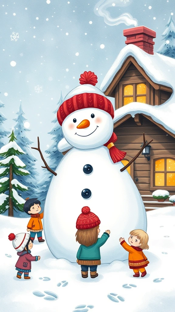 Warm and healing winter fairy tale scene, comic illustration style, adorable large snowman in center wearing red knitted wool hat and red-white striped scarf, carrot nose, smiling face and eyes made of black buttons, twig arms, surrounded by three chibi cartoon children in colorful down jackets playing and building snowman, background features fairy tale wooden cabin covered in white snow, roof with heavy snow accumulation, chimney emitting warm white smoke, windows glowing with warm orange light, surrounding snow-covered pine trees decorated with colorful lights, small animal footprints on ground, large soft snowflakes falling from sky, Japanese healing manga art style, soft bright colors, rounded cute lines, overall color palette dominated by white, sky blue and warm orange, watercolor texture with soft shadow effects, creating warm and playful winter atmosphere, high definition and delicate, perfect for children's illustration or mobile wallpaper