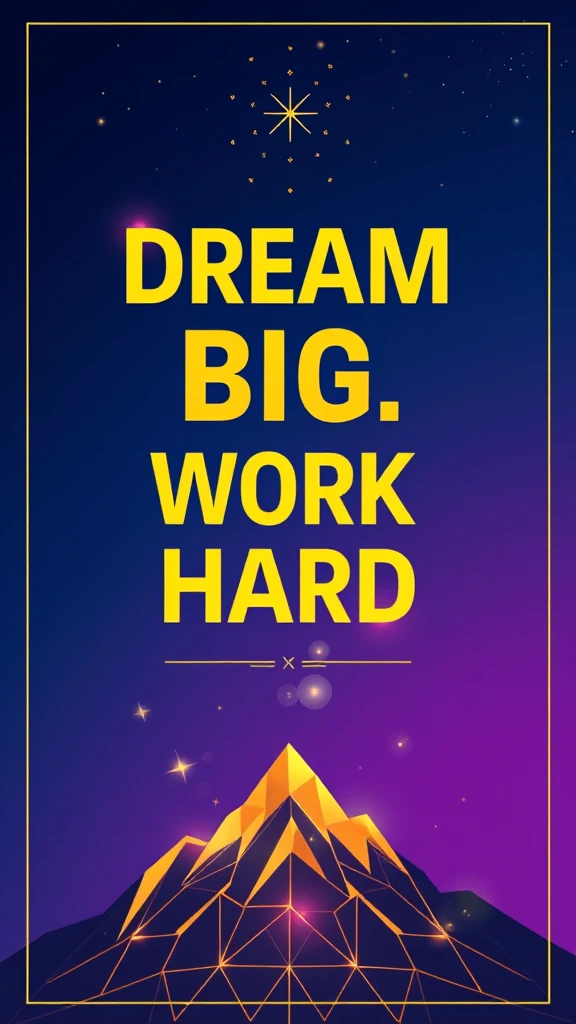Premium motivational poster design, deep blue to violet gradient background, large bold text "Dream Big, Work Hard" in center using modern sans-serif font, text with subtle golden glow effect and 3D shadow, surrounded by geometric lines and light dots decoration, bottom features golden abstract mountain peak line pattern symbolizing climbing, scattered starlight particle effects at top, overall presenting a fusion of tech and artistic modern design, 8K ultra HD, perfect for mobile wallpaper