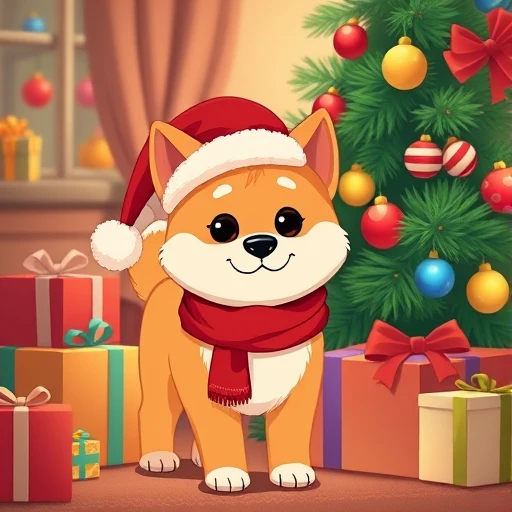 Adorable Shiba Inu puppy wearing Santa hat, sitting next to Christmas tree, surrounded by gift boxes, warm indoor lighting, cartoon illustration style, Pixar quality