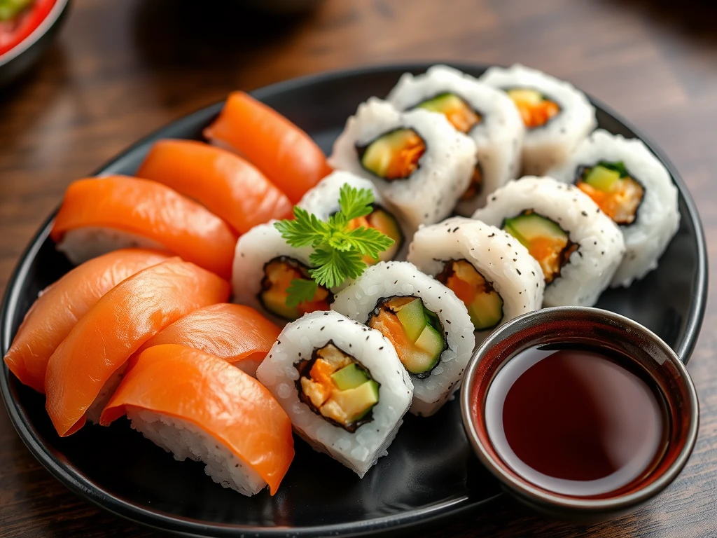 Exquisite Japanese sushi platter on black ceramic plate, with wasabi and soy sauce, top view, professional food photography, natural lighting, shallow depth of field