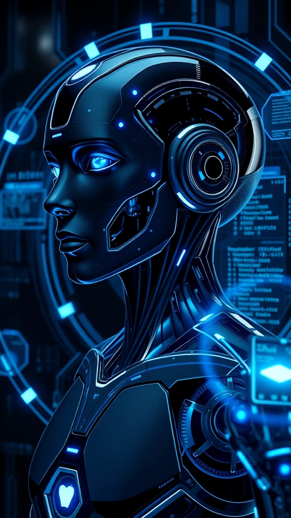 Advanced humanoid AI robot, surrounded by translucent blue holographic screens showing data streams and code, dark tech background, futuristic, high-tech style