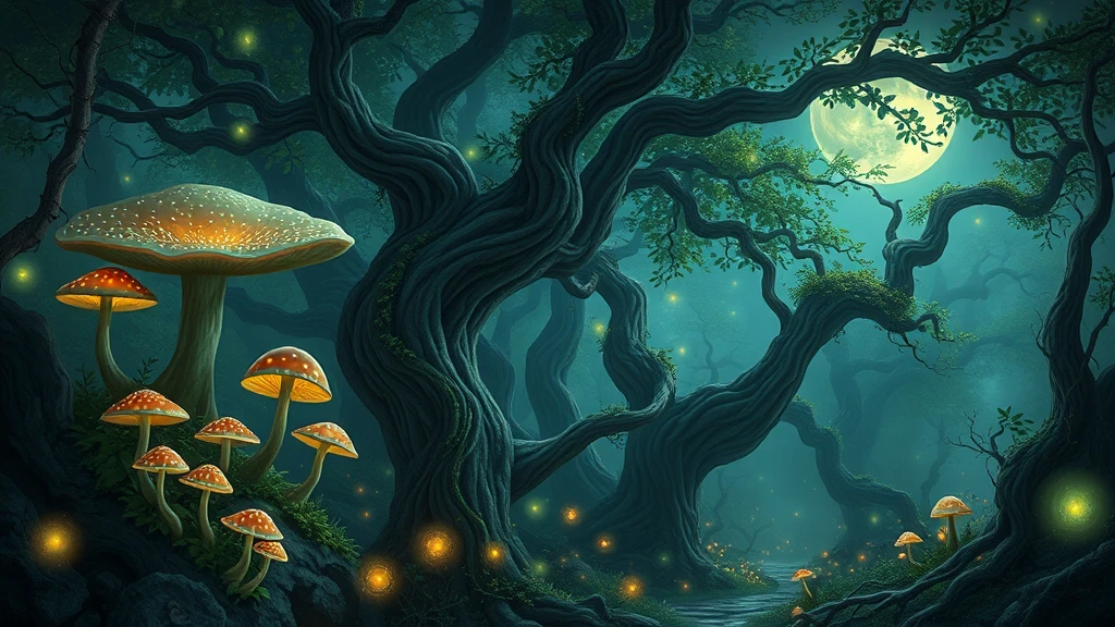 Mystical magical forest, glowing mushrooms and fireflies, ancient trees wrapped in vines, moonlight filtering through leaves, magical realism