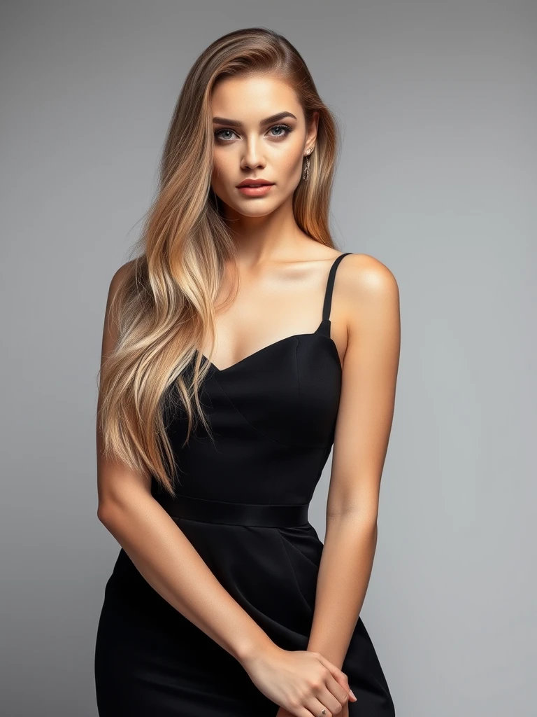 Elegant modern woman portrait, wearing fashionable black dress, golden long hair, professional studio lighting, soft background, high-end fashion magazine style