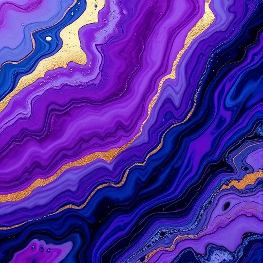 Premium abstract fluid art using acrylic pour technique, deep violet, sapphire blue, navy blue and champagne gold liquids organically flowing and mixing, creating dreamlike marble texture and water ripple patterns, gold leaf details scattered throughout, producing natural agate slice-like layering effect, colors naturally blending with milky white and pearl pink transitions, surface showing smooth resin texture and mirror gloss, delicate bubble and crack details adding realism, luxurious and modern, high color saturation, macro close-up, 8K ultra HD, perfect for high-end interior decoration or digital art collection
