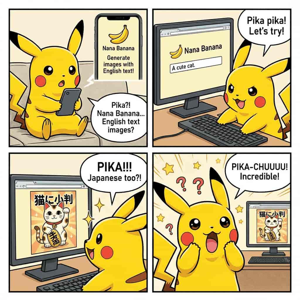Pikachu four-panel comic generated with Ketchup AI AI text to image