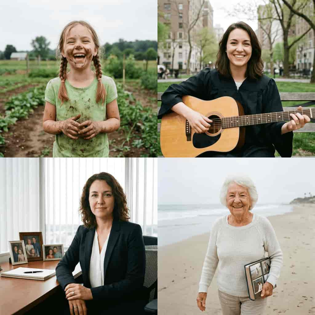 Four-panel character age progression generated with Ketchup AI AI image to image